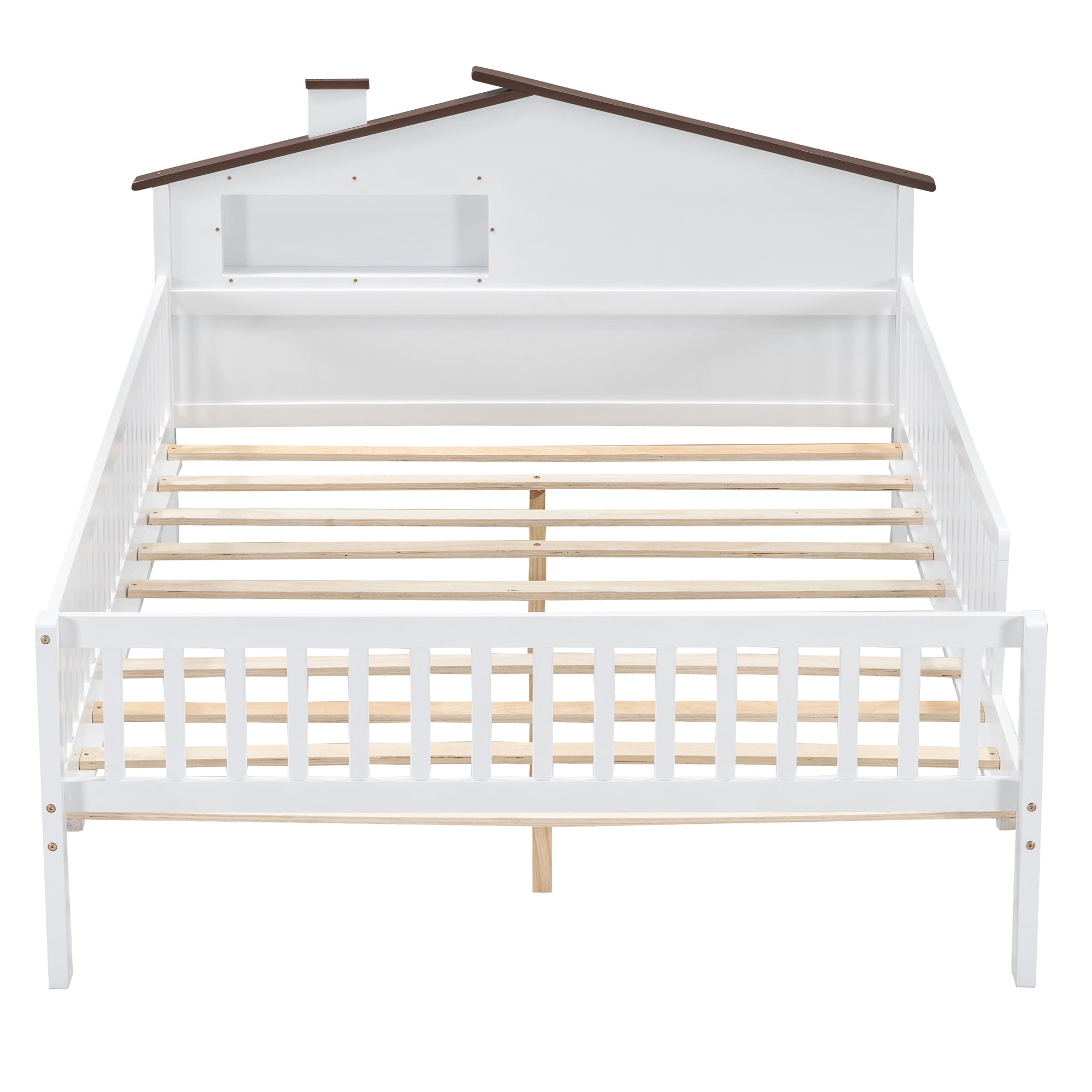 EUROCO Wood Full Size Platform Bed Frame with House Like Roof and LED Light, White