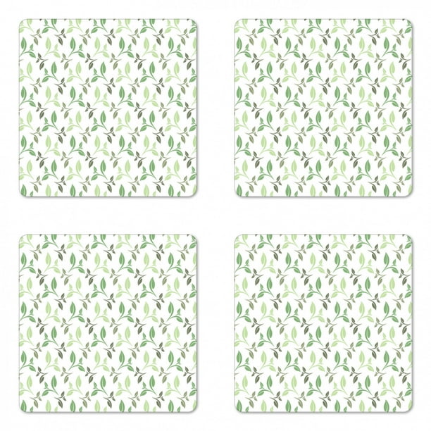 Leaf Coaster Set Of 4 Tea Leaves With Ornamental Vintage Design Soft Faded Colors Artwork Print Square Hardboard Gloss Coasters Standard Size Green Army Green By Ambesonne Walmart Com Walmart Com