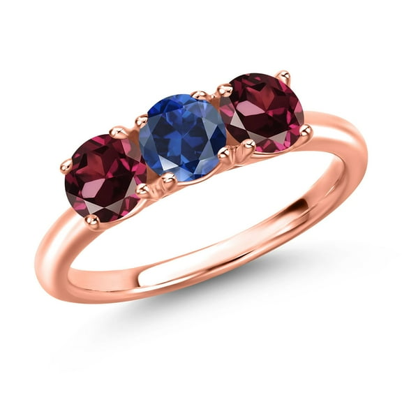 Gem Stone King 18K Rose Gold Plated Silver Blue Created Sapphire and Red Rhodolite Garnet Engagement Ring for Women | 1.80 Cttw | Round 5MM | Gemstone September Birthstone | Size 9