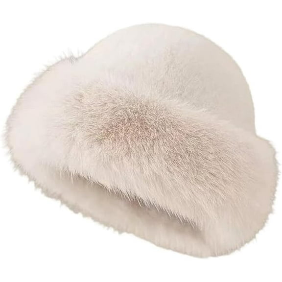 Womens Winter Faux Fur Bucket Hat, Warm Fluffy Furry Fisherman Hat with Suede Lining, Cozy Fashion Winter Cap
