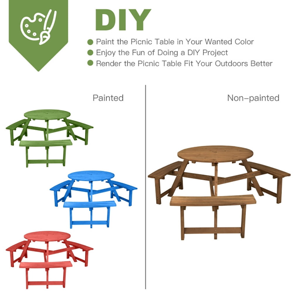 Aimee Lii 6-person Round Wooden Picnic Table with Umbrella Hole and 3 Built-in Benches, Patio Furniture Set, Dark Brown Aimee Lii 6-person Round Wooden Picnic Table with Umbrella Hole and 3 Built-in Benches, Patio Furniture Set, Dark Brown