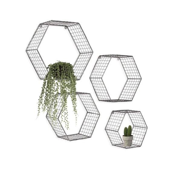 Set 4 Grey Hexagon Wall Shelves, Floating Decorative Wire Wall Mounted Shelf, Geometric Mesh Shelves, Boho Deep Grey