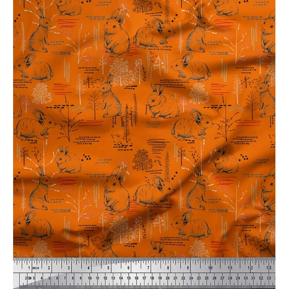 Soimoi Orange Poly Georgette Fabric Abstract & Rabbit Animal Print Fabric by Yard 42 Inch Wide