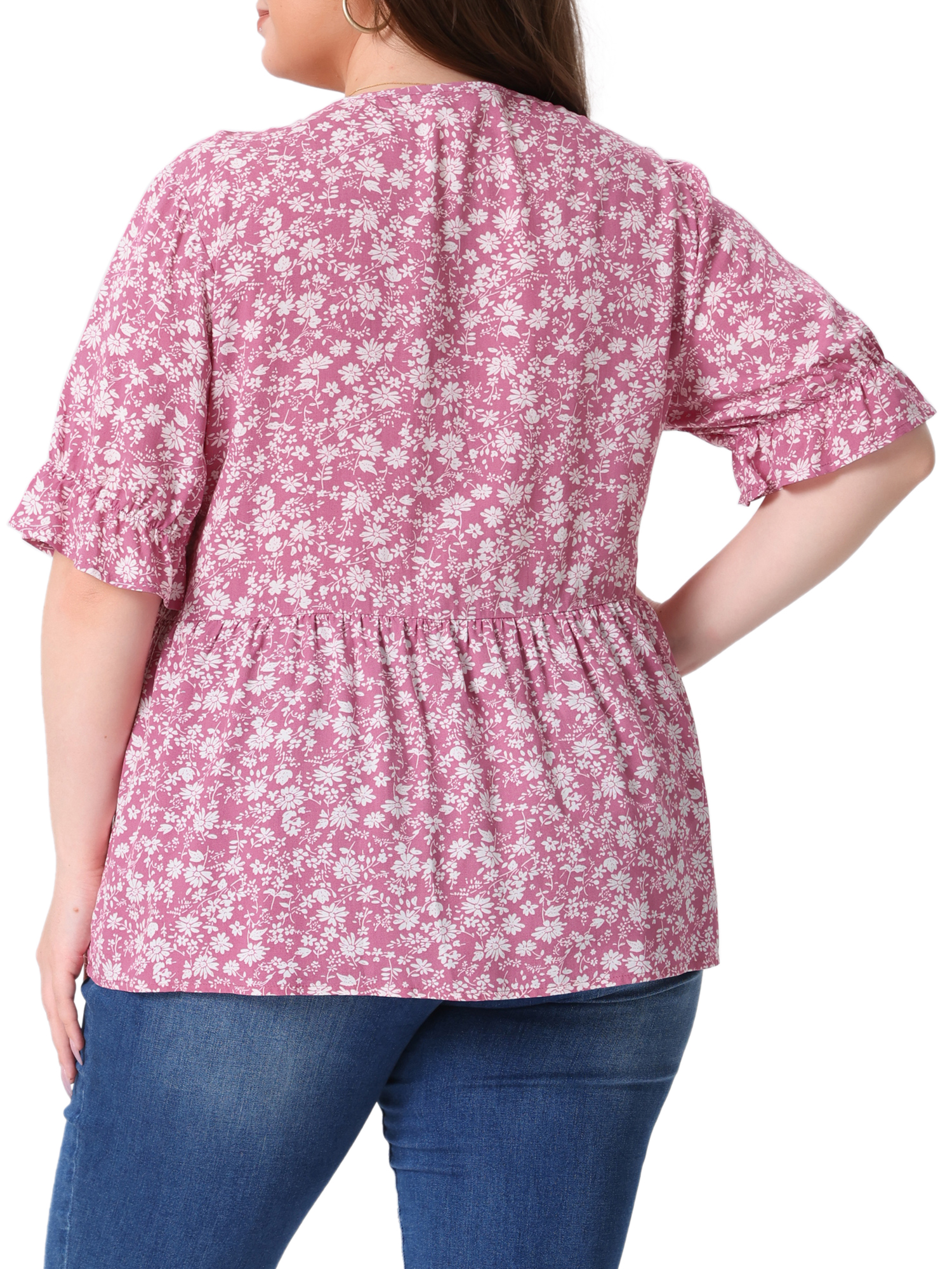 DARING DIVA Women's Plus Size Floral V Neck Ruffle Short Sleeve Blouses 4X Pink