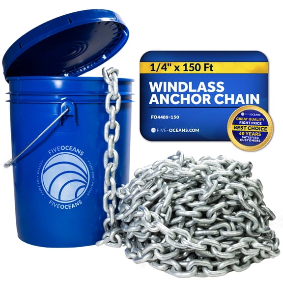 Five Oceans Marine Grade Windlass Anchor Chain for Boats, 1/4 inch x 150 Ft. Grade 43 HT G4, High Test Hot-Dipped Galvanized Chain for Boat Anchor Windlass System - FO4489-M150