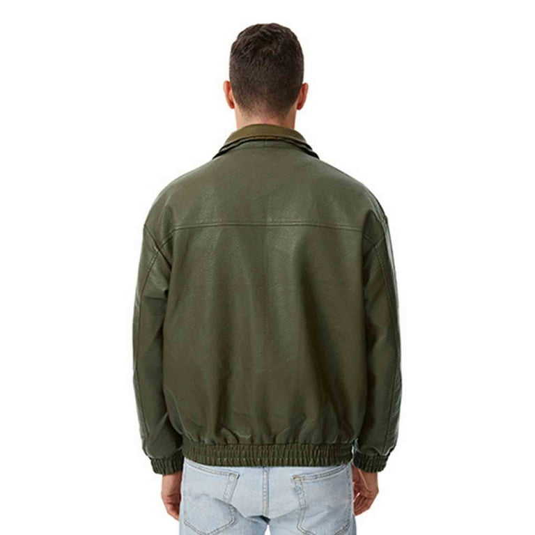 Dagegui Mens Faux Leather Jacket Stylish Double Collar Bomber