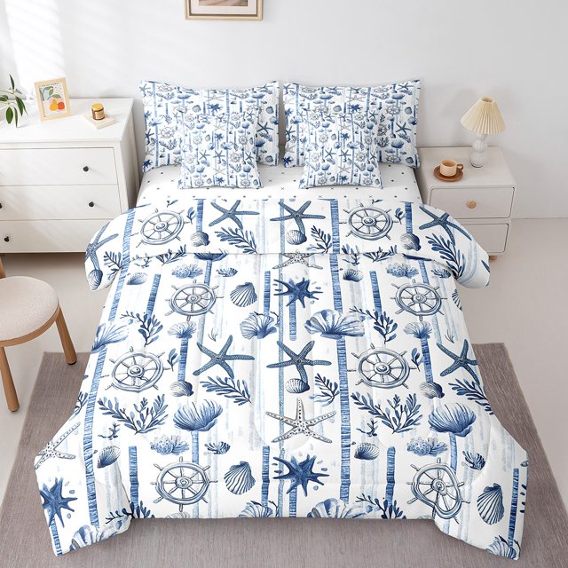 Erosebridal Starfish Seashell Bedding Sets King Size, Nautical Rudder Comforter Sets with Sheets, Blue Stripe Room Decor, Reversible 7 Pieces