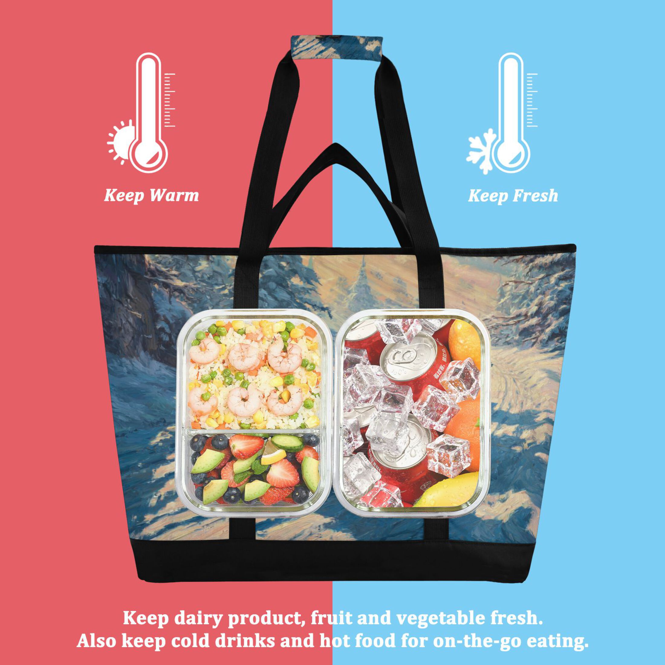 Extra-Large Wide Opening Design Capacity Hand-Held Ice Pack Thickened Insulation Layer For Long-Lasting Cold Retention For Outdoor Shopping Picnics And Camping Three Lovable Chipmunks