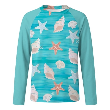 Kids UPF 50+ Long Sleeve Rash Guard Sun Protection Shirt Raglan Sleeve Cartoon Dinosaur Shark Bow Star Print Crew Neck Swim Top for Beach Pool Outdoor Summer Travel(Light Blue9 11-12 Years)