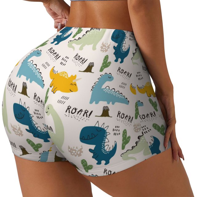 Fotbe Childish Dinosaur Shorts Sin Costuras – Shorts Deportivos de Cintura Alta para Mujer, Elásticos para Gimnasio, Yoga, Running o Ciclismo-Large