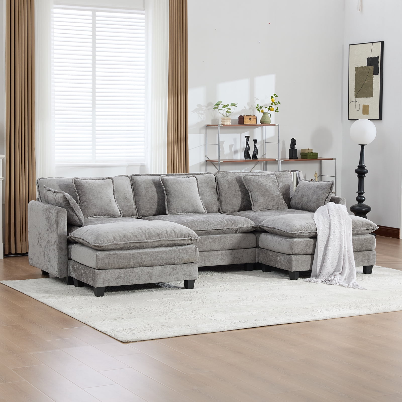 111.5” Gray Modular Sofa, 3 Seater U Shaped Chenille Sectional for Living Room, Cloud Couch with Ottoman, Sofá moderno