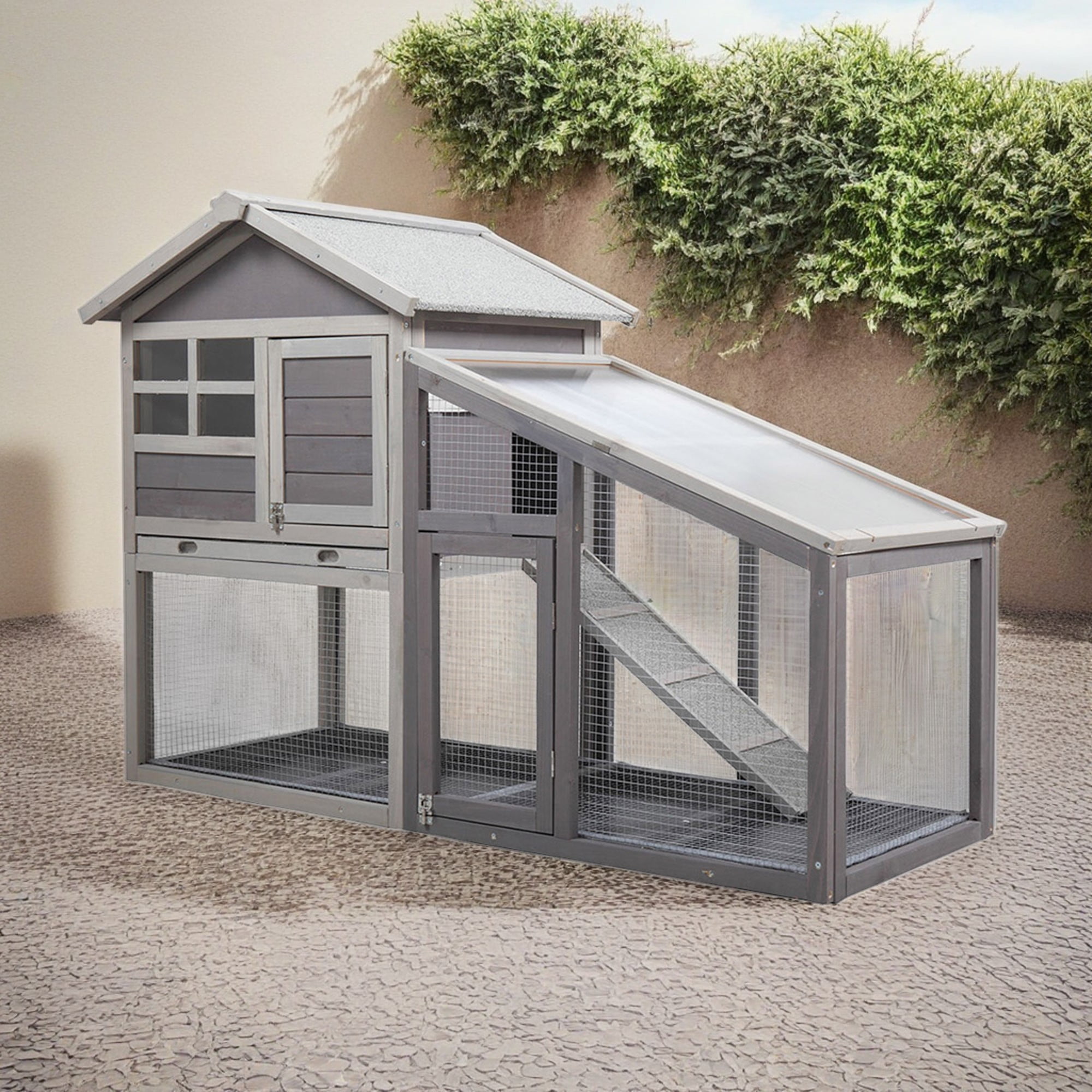 Pefilos 56" Rabbit Hutch Outdoor, Indoor Rabbit Cage with Tray, Wood Bunny House, 2-Story Chicken Coops with Run, Gray