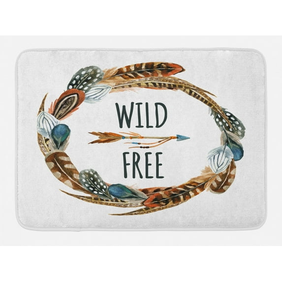 Feather Bath Mat, Watercolor Wreath Bird Feathers Circle with an Arrow Wild and Free Concept, Non-Slip Plush Mat Bathroom Kitchen Laundry Room Decor, 29.5 X 17.5 Inches, Brown Orange Blue, Ambesonne
