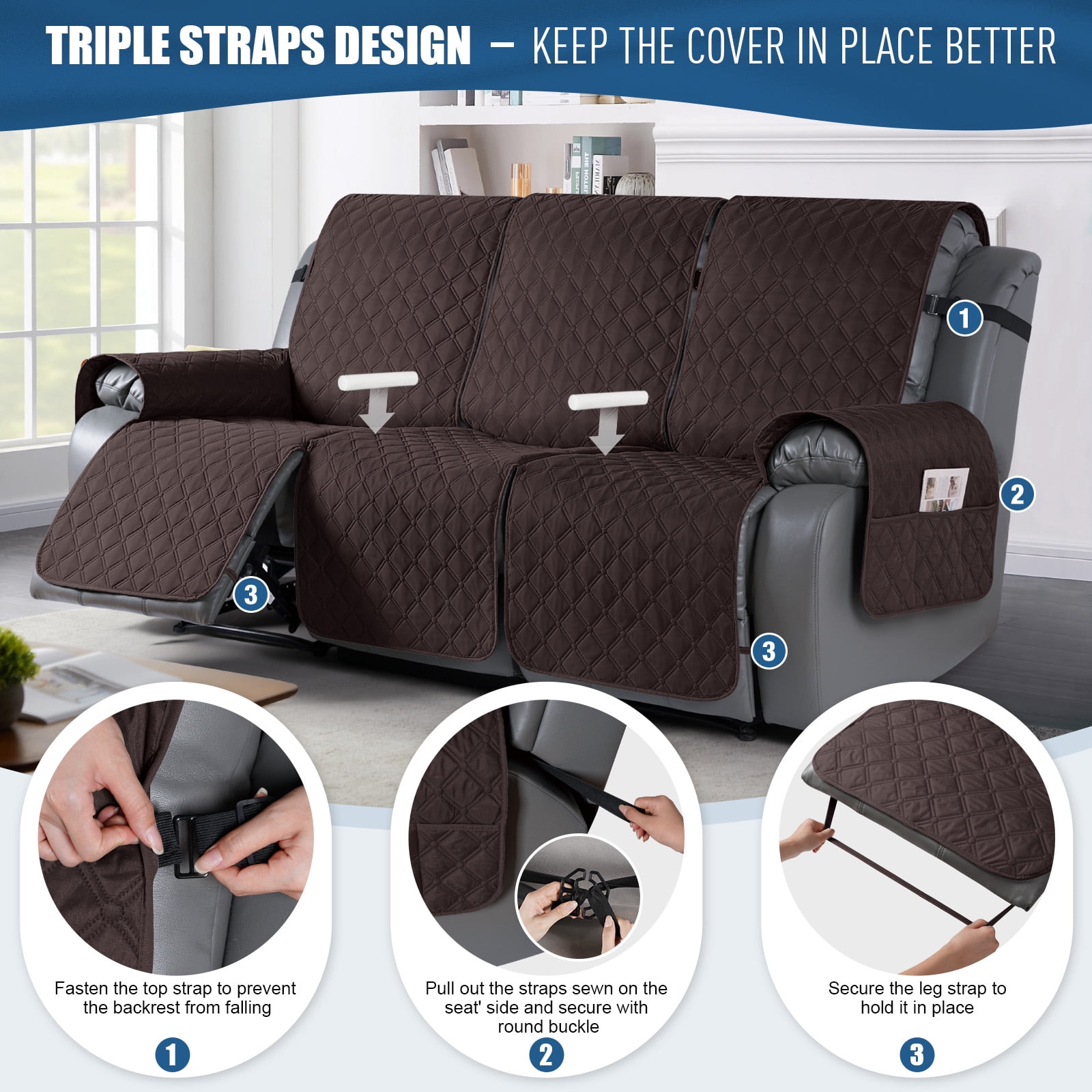 Timeles Waterproof Recliner Sofa Covers, Recliner Couch Covers with Leg Straps, Reversible Recliner Covers for 3 Seat Reclining Chair, Washable Sofa Protector for Pets Kids (Chocolate)