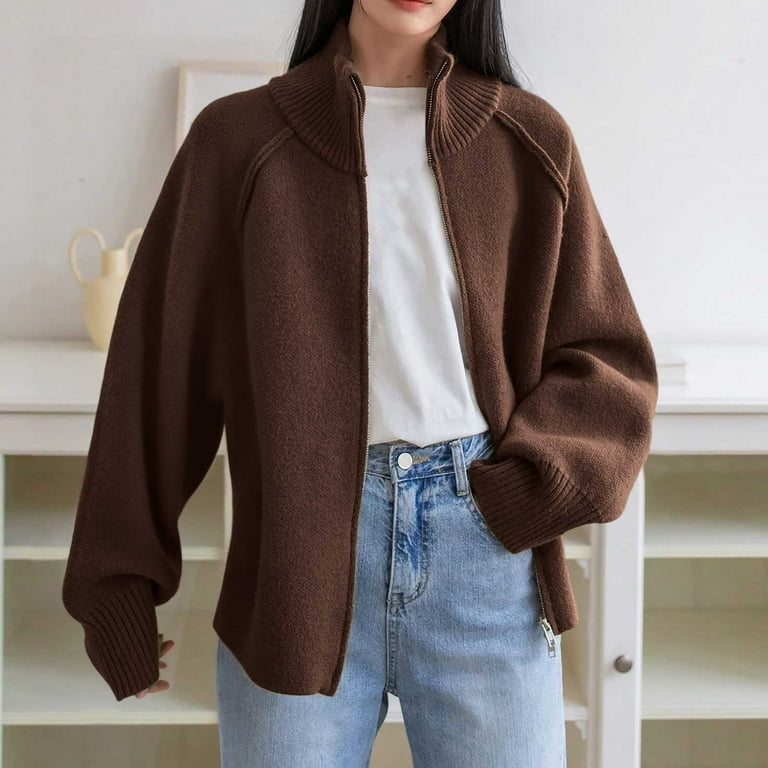 Womens Knit Sweater Full-zip Jacket Double Zippers High Neck Loose