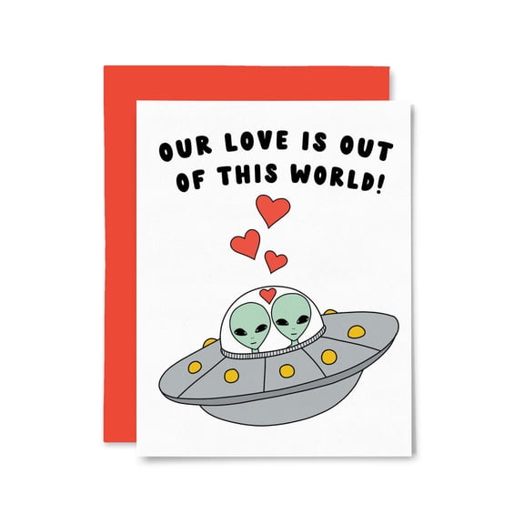 Our Love is Out of This World Card – Cute Alien Couple Design – Envelope Included, Blank Inside – Perfect for Valentine’s Day, Anniversary, or Just Because