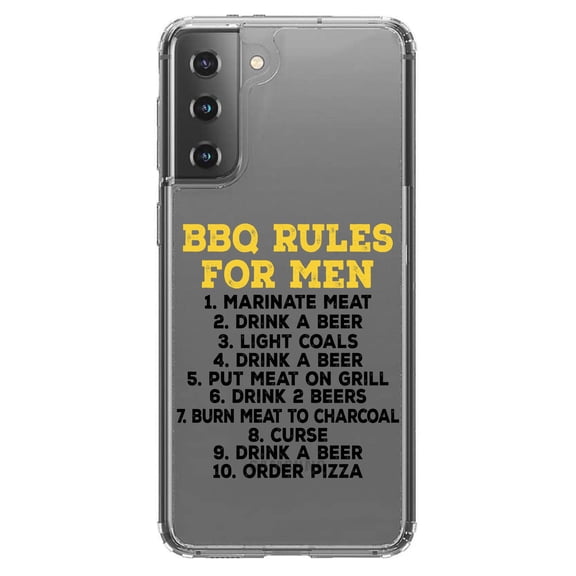 DistinctInk Clear Hybrid Case for Samsung Galaxy S21 Plus (6.7" Screen) - BBQ Rules for Men - Tempered Glass Back