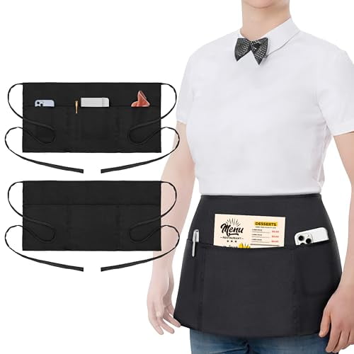 2 Pack Waist Apron with 3 Pockets - Water & Oil Resistant - Black Waitress Apron - Half Aprons for Women,12 Inch Server Apron with Pocket - Black Aprons for Servers - Waitress Apron with Pockets
