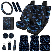 Jeiento Butterfly 17 Pcs Car Interior Sets, Car Seat Covers Full Set with Floor Mats Carpets Arm Rest Cover Seat Belt Cover Coaster, Universal Fits for Most Truck SUV Sedan Blue