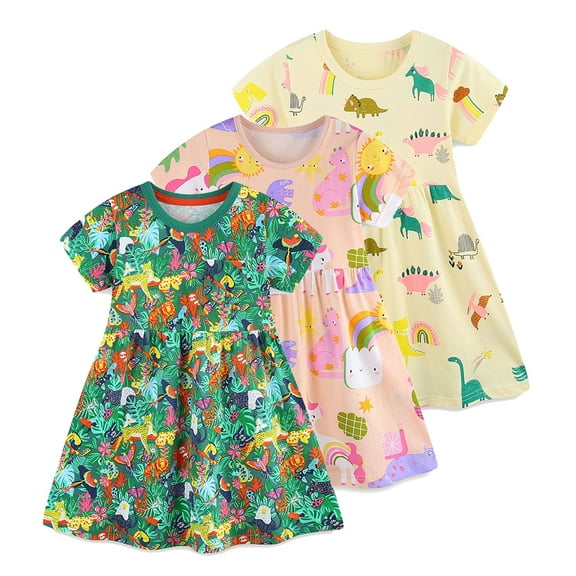 Emy Dola Little Girls 100% Cotton Short Sleeve Dress 2-8 Years Tollder Casual Summer Cartoon Dresses
