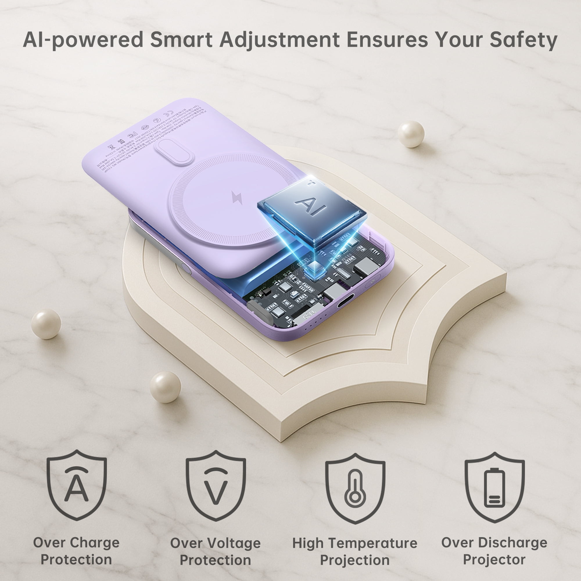 GUSGU MAG M20 10,000mAh Magnetic Power Bank with Holder, 22.5W Fast Charging Battery Pack Compatible with Magsafe iPhone 15/14/13/12 Series, Samsung, Purple
