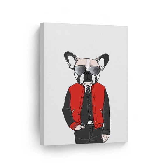 Smile Art Design Cool Dog with Red Jacket Black Sunglasses Illustration Animal Canvas Wall Art Print Pet Owner Dog Lover Mom Dad Gift Living Room Bedroom Kids Baby Nursery Decor Ready to Hang - 40x30