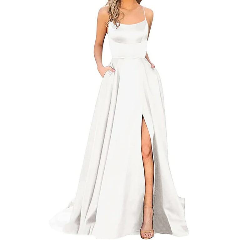 White Satin Halter Strap Split Long Formal Dress - Promfy