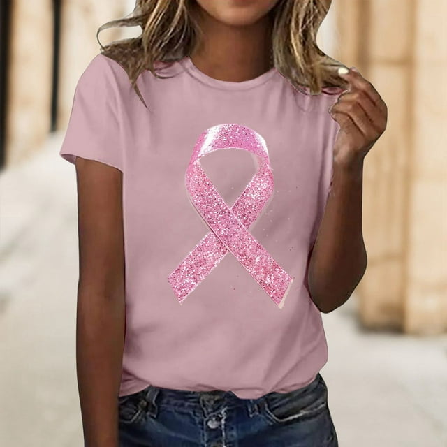 Women's T-Shirts Cancer Awareness Ribbon Print Short Sleeve V Neck T Shirt for Support in Soft Comfortable Fabric