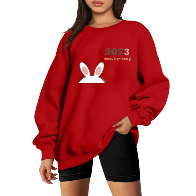 Amzcrzy Chandails en Molleton pour Femmes Manches Longues Chemises pour Femmes Chandail Décontracté Classique Mode Nouvel An Col Rond Manches Longues Sans Capuche Chandail Ample Chandails en Molleton pour Femmes P