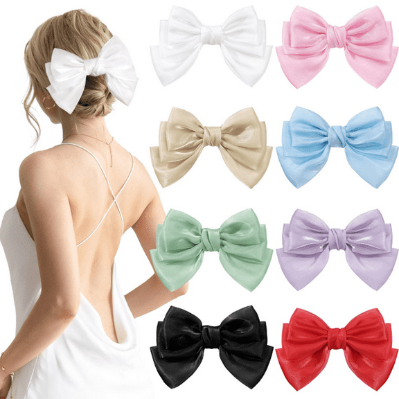 8Pcs Big Tulle Layered Hair Bows for Women Girls 7.8 Inch Barrette Hair Clip Large Summer Bows Style Hair Accessories