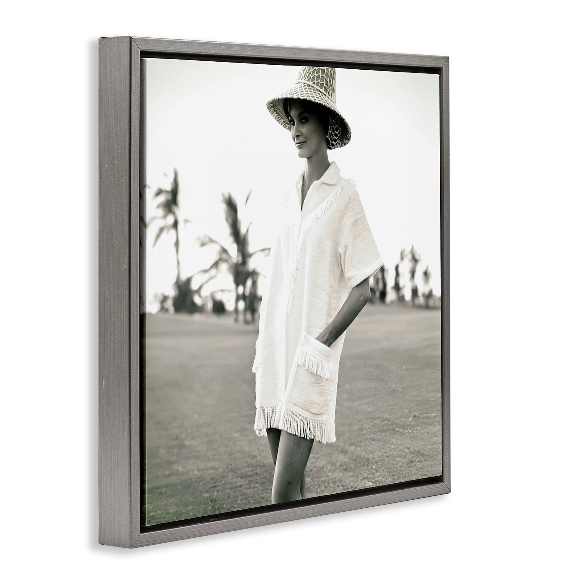 Stupell Industries Beach Beauty in Sepia People Photography Gray Floater Framed Canvas Art Print Wall Art, 18 x 18