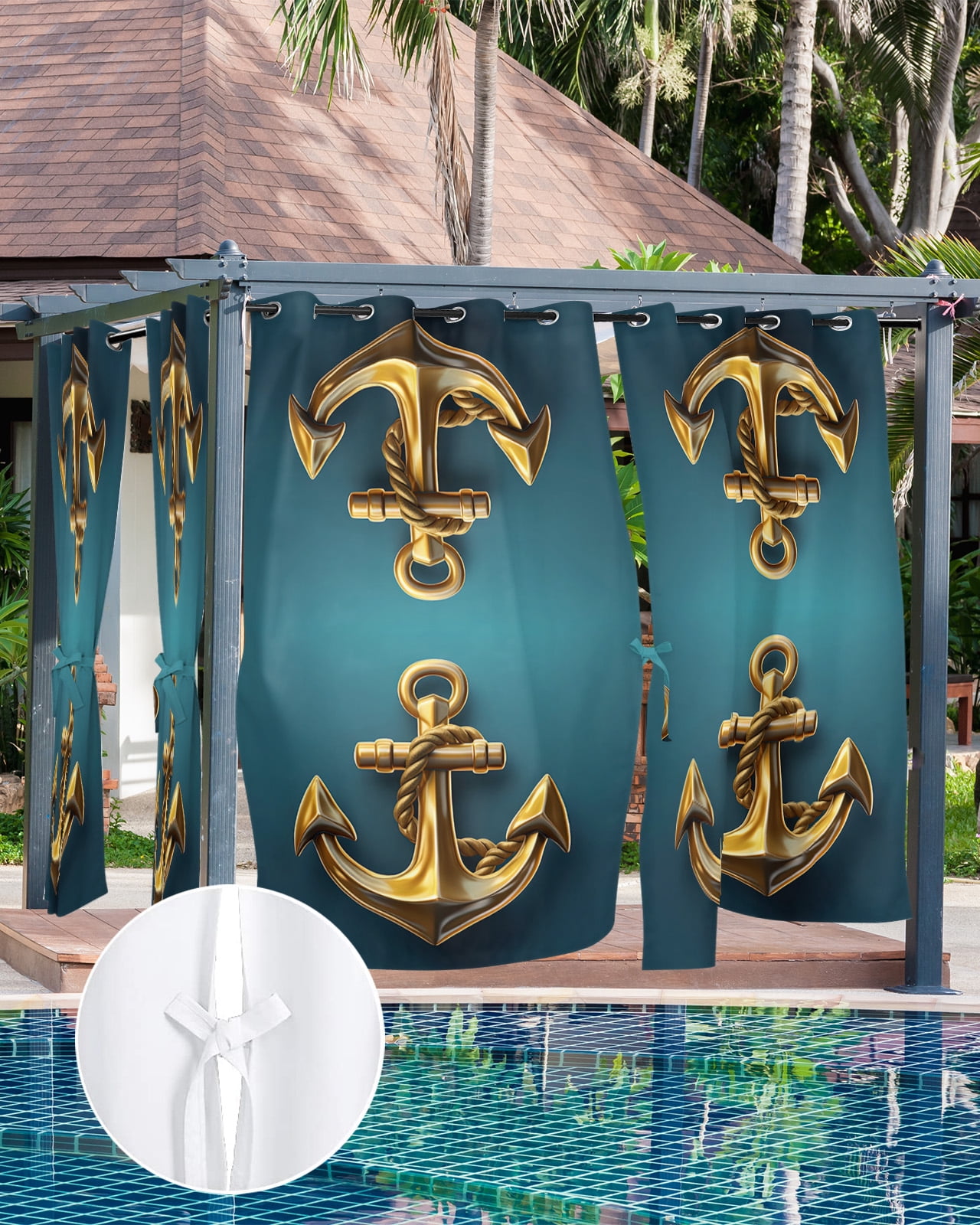 Outdoor Curtains for Patio, Yellow Anchor Waterproof Blackout Outside Curtain for Porch/Pergola/Gazebo, Coastal Nautical Anchor Turquoise Thermal Insulated Drapes for Cabana, 2 Panels, 54 x 84 Inch