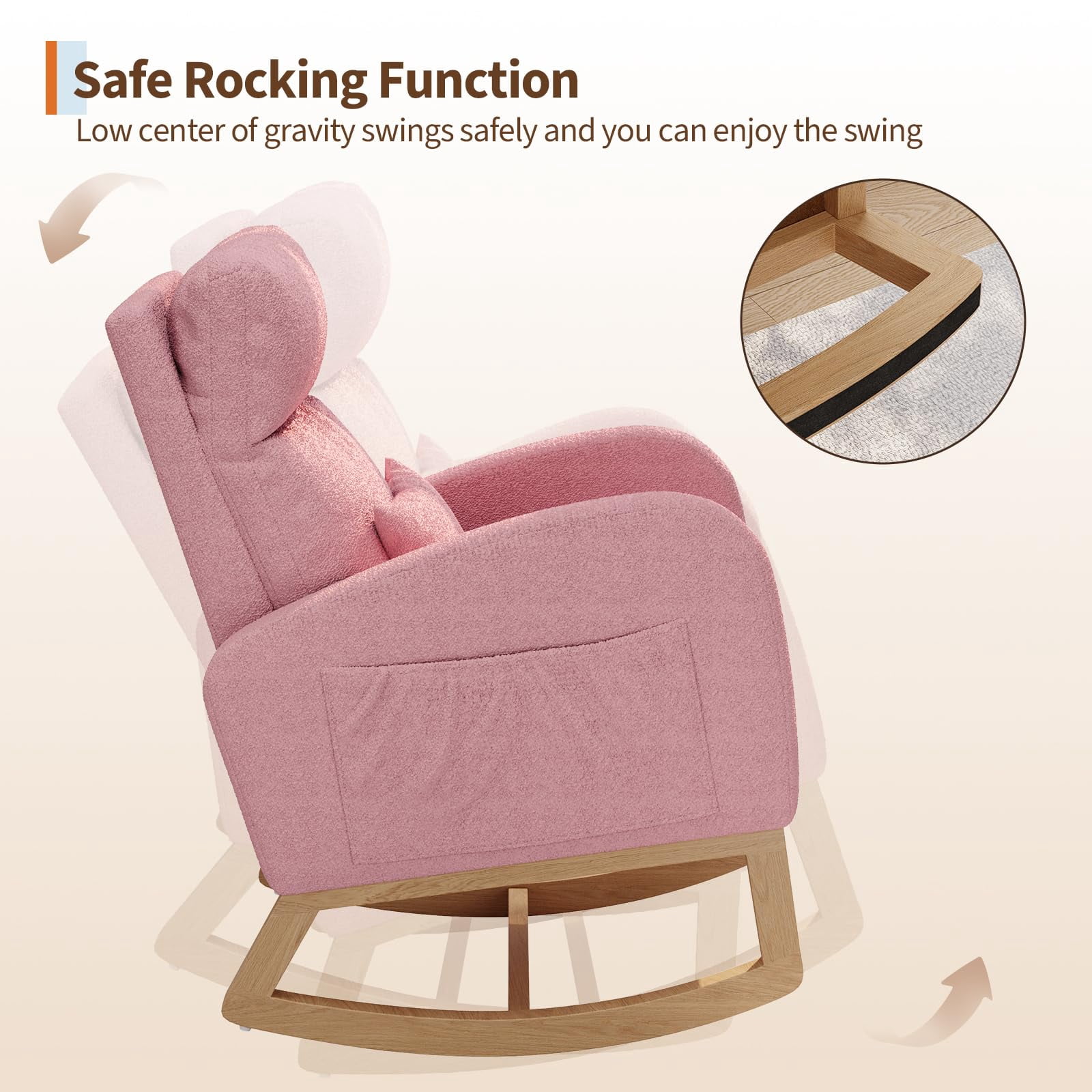 Rocking Chair, Modern Glider Chair, Recliner Armchair with Wood Legs and Side Pocket, Nursery Rocking Accent Chair with High Back for Living Room Bedroom