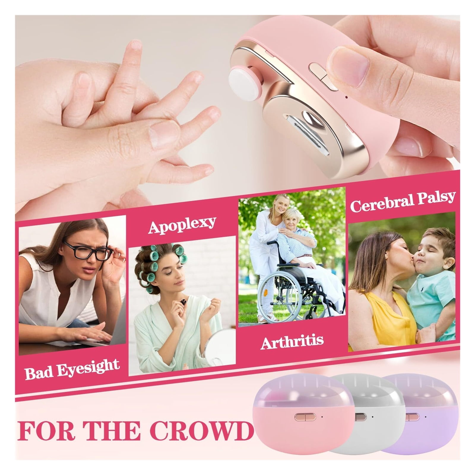 3-in-1 Electric Nail Clipper, Upgrade Electric Nail Clippers for Seniors, Automatic Electric fingernail Clippers with Collector, Excellent Electric Nail Trimmer Gift for Your Loves (Cute-Pink)
