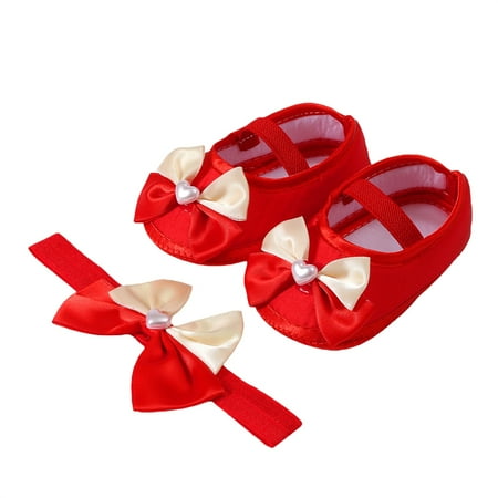 Mildsown Baby Girls Baptism Shoes and Headband Heart Pearl Flats Hairband Set