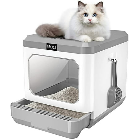 Smart Odor Removal Cat Litter Box  XXL Covered Cat Litter Box Extra Large  Enclosed Kitty Litter Box for Indoor Multiple Cats  Easy Clean  and Assemble  with Scoop and Mat Product Description Why choose the Deodorizing Cat Litter Box? When you have an adorable cat  you may find that keeping your home clean and sanitary becomes more difficult. A litter box is an essential item for every cat owner  but the unavoidable odor problem is often distressing. HOW CAN YOU SOLVE THIS PROBLEM? auto-deodorizing litter boxes can solve the odor problem for you. This cat litter box is equipped with a unique ionic deodorizing device（Patents） that ELIMINATING OVER 97% OF ODORS  so you no longer have to put up with unpleasant odors around your litter box! The beautiful design of the deodorized cat litter box is PERFECT FOR PLACEMENT IN ANY LOCATION. You can place it in places like your living room  bedroom or kitchen without having to worry about its appearance ruining the style of your home. If you are looking for a cat litter box that is effective in deodorizing  easy to use and beautifully designed  the Automatic Deodorizing cat Litter Box is a great choice. IT WILL KEEP YOUR HOME CLEAN AND SANITARY  while keeping your cat comfortable and happy. How does the deodorant cat litter box work? Ion series deodorization technology continuously captures and decomposes odors  keeping the air fresh!