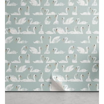 Ambesonne Swans Peel & Stick Wallpaper for Home, Grunge Asymmetric Birds Swim, 13"x100", Pale Seafoam and White
