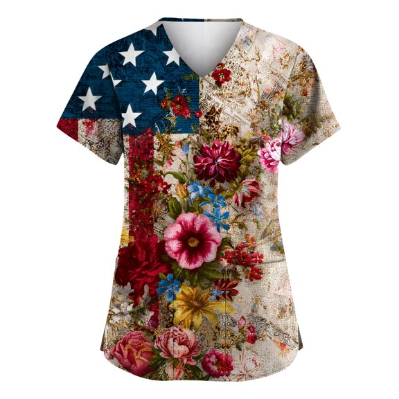 1776-2026 4th of July Scrub Tops for Women 250th Anniversary USA Short Sleeve Vneck Stretch Scrub Shirt Nursing Workwear with 2 Pockets 03-Khaki 3XL