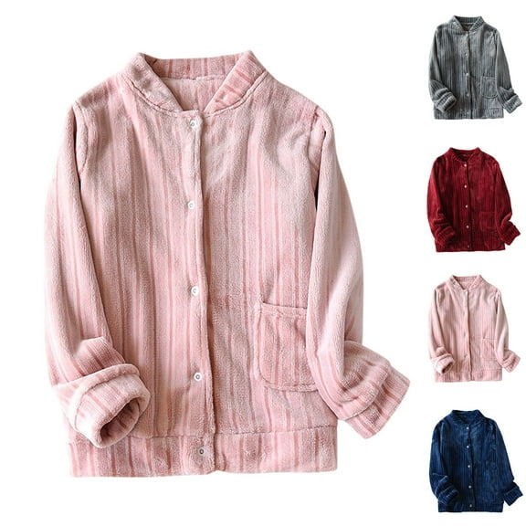 Feancey Womens Fleece Pajama Tops Winter Warm Flannel Shirt Jackets Long Sleeve Button Down Sleepwear Solid Color Loungewear Sleepshirts with Pocket Gray L