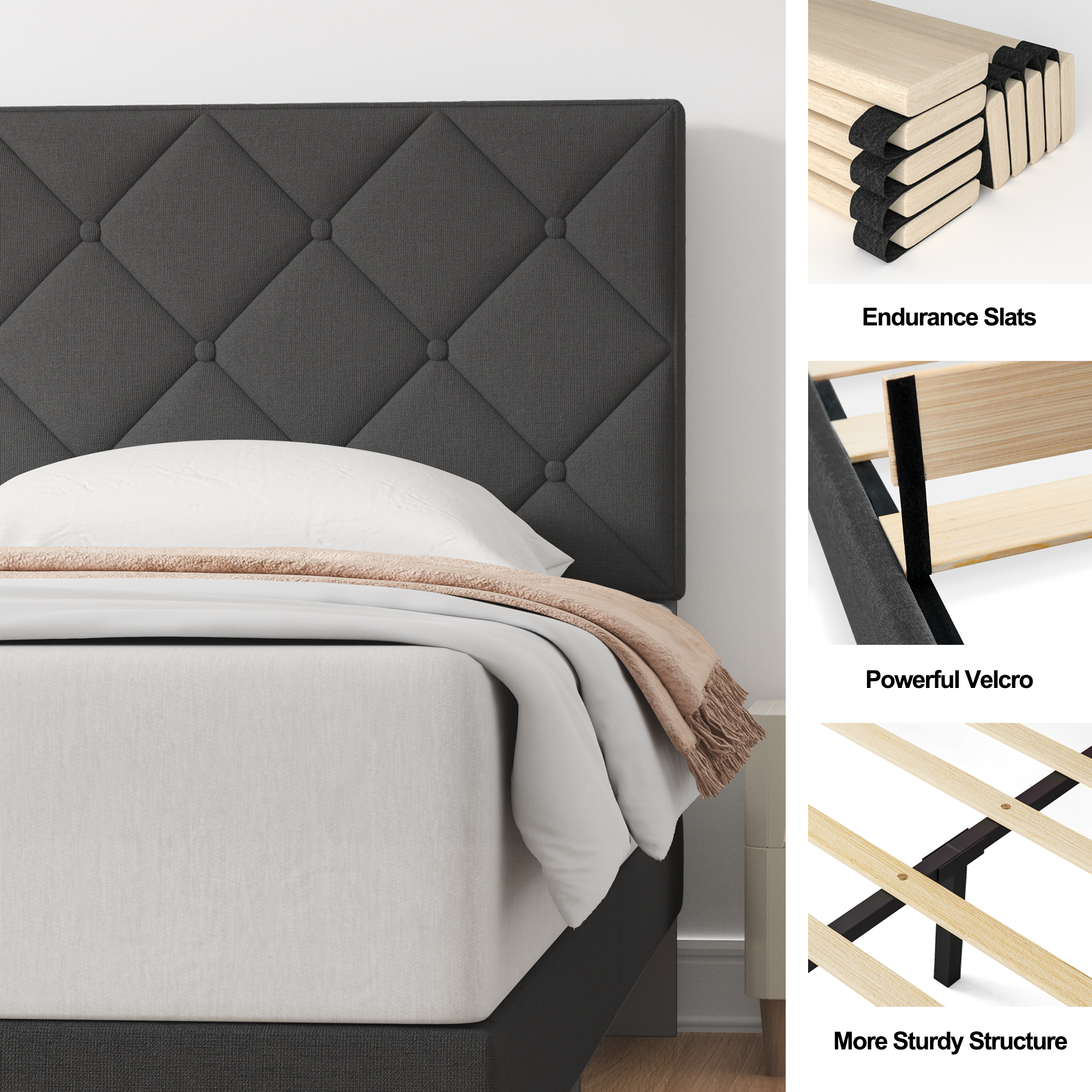 Queen Bed, HAIIDE Queen Size bed Frame with Fabric Upholstered Headboard,Dark Grey, Easy Assembly - image 5 of 7