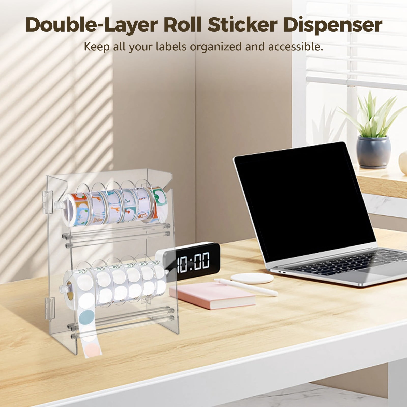 Transparent Acrylic Tape Dispenser,Double-Layer Label Roll Holder,Adjustable Desktop Sticker Roll Holder for Office and Home