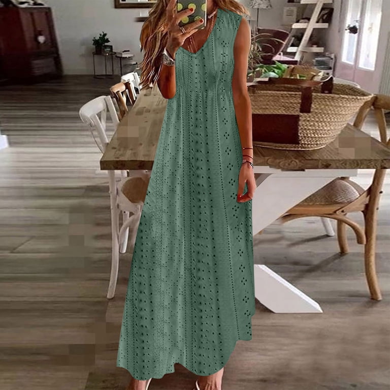 Dezsed Women's Summer Maxi Dresses Sleeveless V Neck Strappy Split Loose  Dress Hollow Out Holiday Beach Long Tank Dresses Green S - Walmart.com