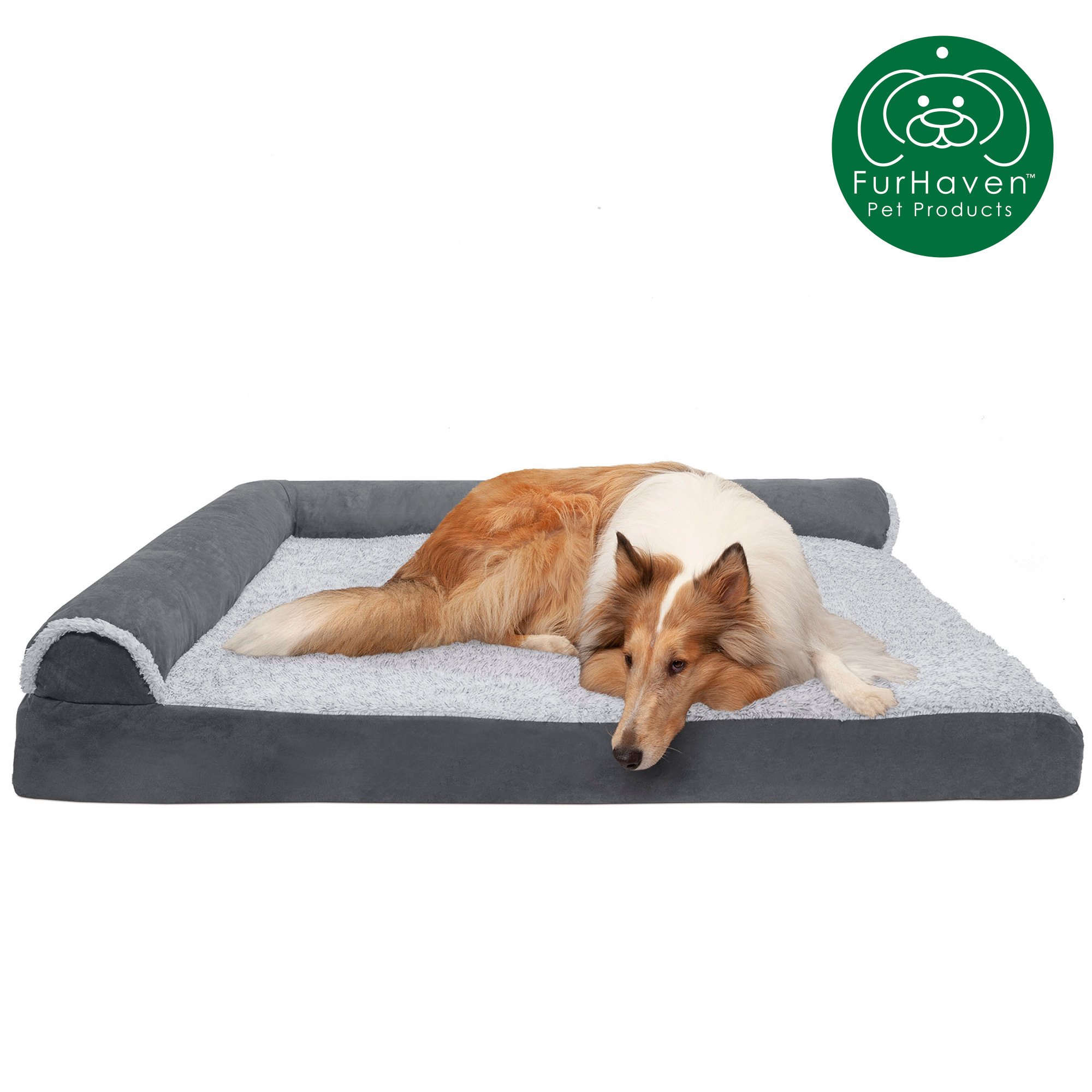 FurHaven Pet Products Two-Tone Faux Fur & Suede Cooling Gel Top Deluxe Chaise Lounge Pet Bed for Dogs & Cats - Stone Gray, Jumbo Plus