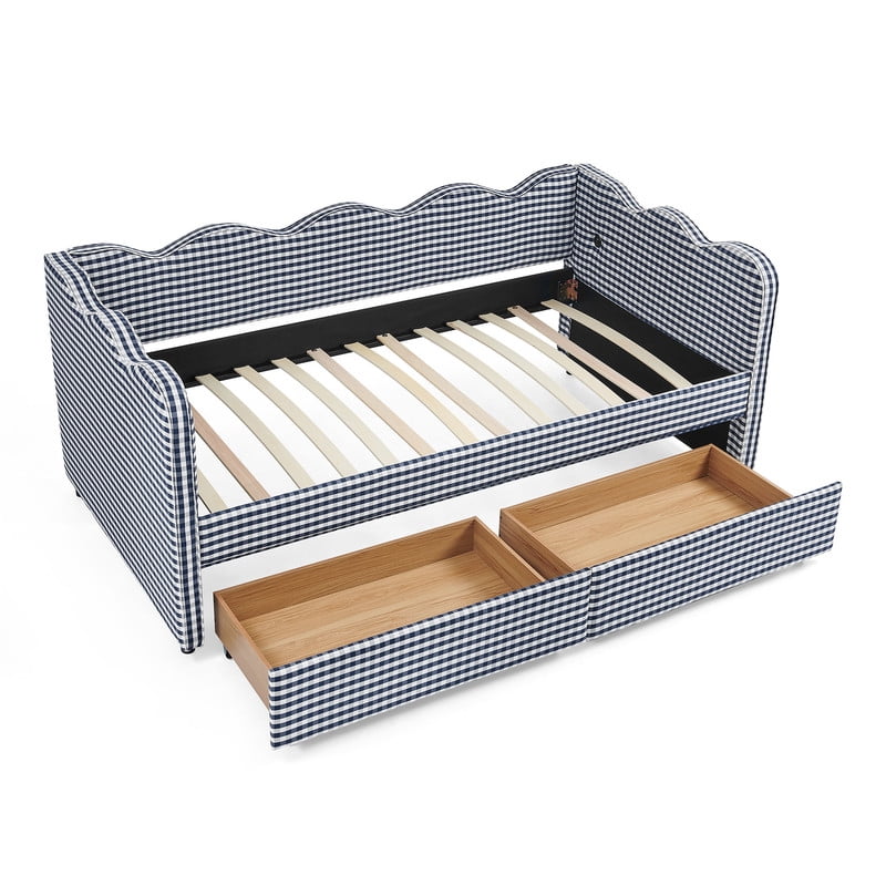 Twin Size Cozy Gingham Daybed with 2 Storage Drawers, Wave Shaped Linen Fabric Sofa Bed with USB Port for Living Room Bedroom
