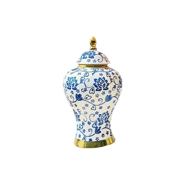 Jarrón de cerámica artesanal de porcelana azul y blanca para dormitorio. M