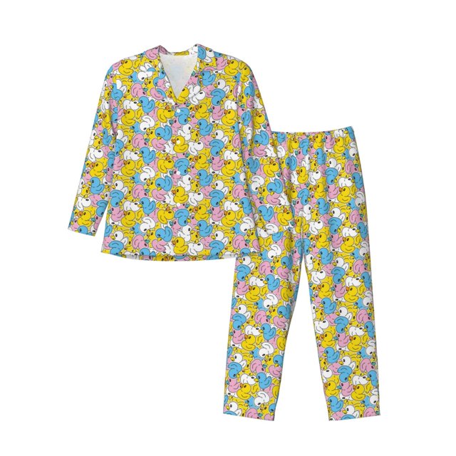 Balery Colorful Duck Pijama para Hombre de Dos Piezas con Manga Larga, Conjunto de Dormir y Descanso Suave con Bolsillos-XX-Large