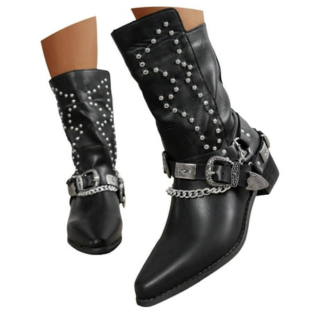

Mepaouo Cowboy Cowgirl Boots Women Buckle Adjustable Combat Boots Pointy Toe Low Heel Mid Calf Boots