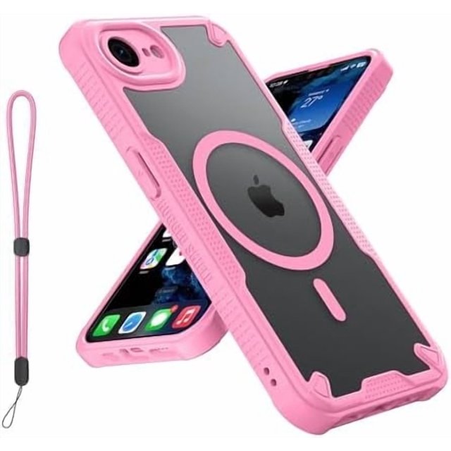 KOMI for iPhone SE 4 Case: for iPhone SE 4th Gen 2025 Case, Translucent Matte Back Compatible with Magsafe Magnetic Slim Shockproof Protective Case with Lanyard Strap Phone Cover, Pink