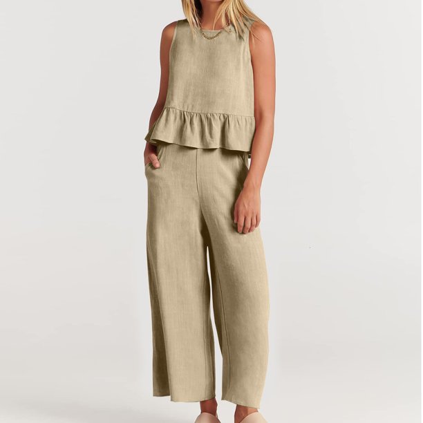 Puntoco 2 piezas moda mujer cuello redondo sólido sin mangas blusa + bolsillos sueltos pantalones conjuntos liquidación Puntoco Puntoco-2067