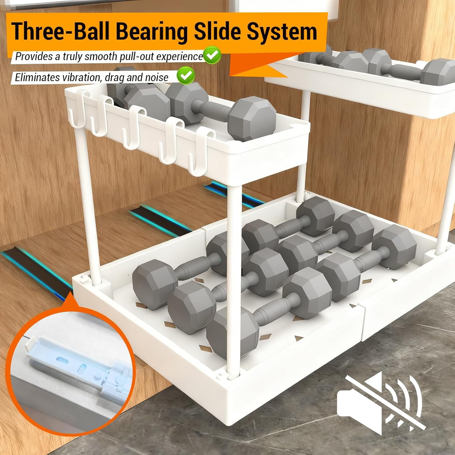 Expandable Under Sink Organizers Storage With Upgrade Ball-Bearing Slide Tracks,2-Tier Pull Out Under Cabinet Organizer Height Adjustable （White）